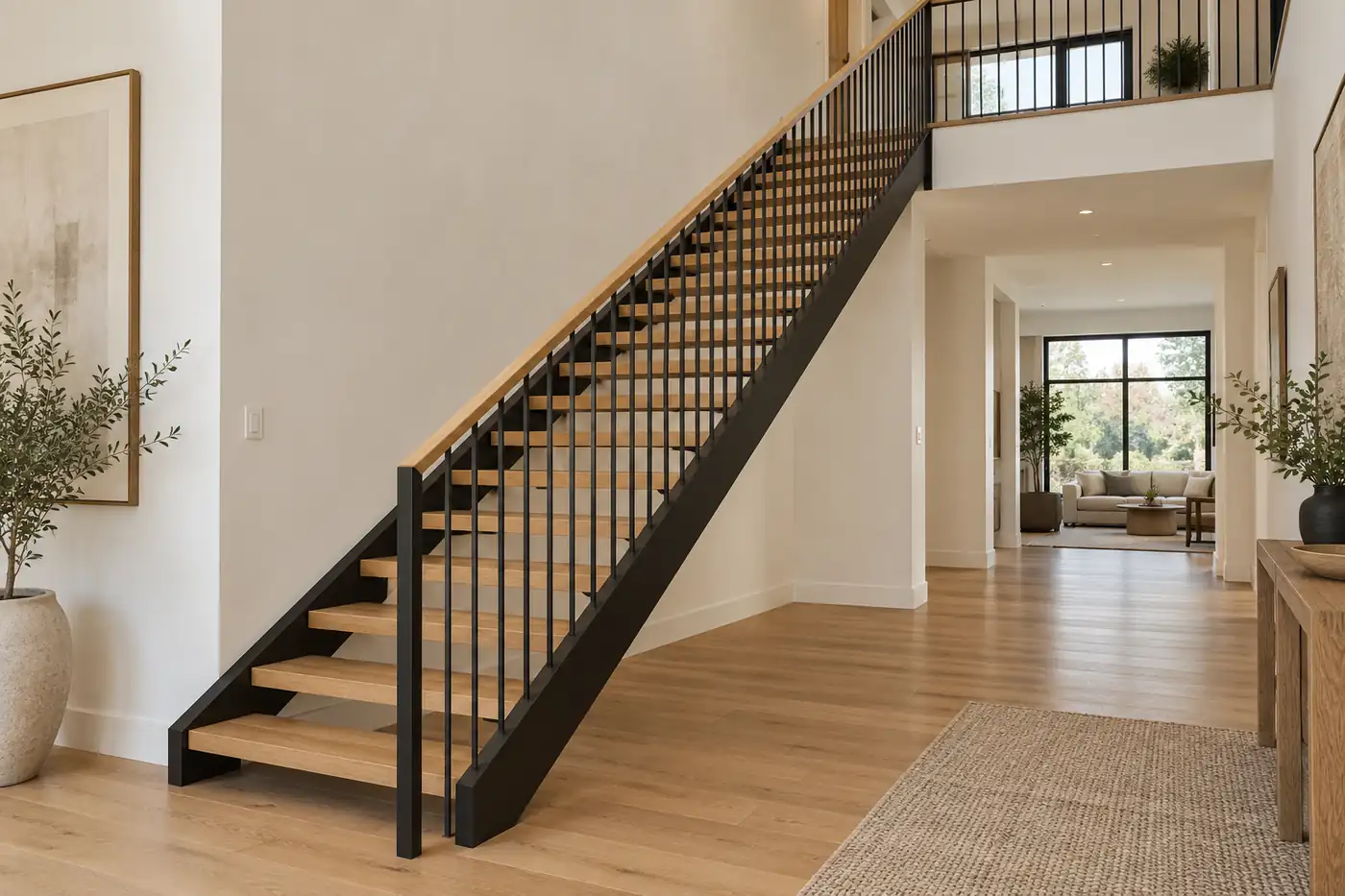 Two dark side stringers supporting open oak treads in a modern entry hall