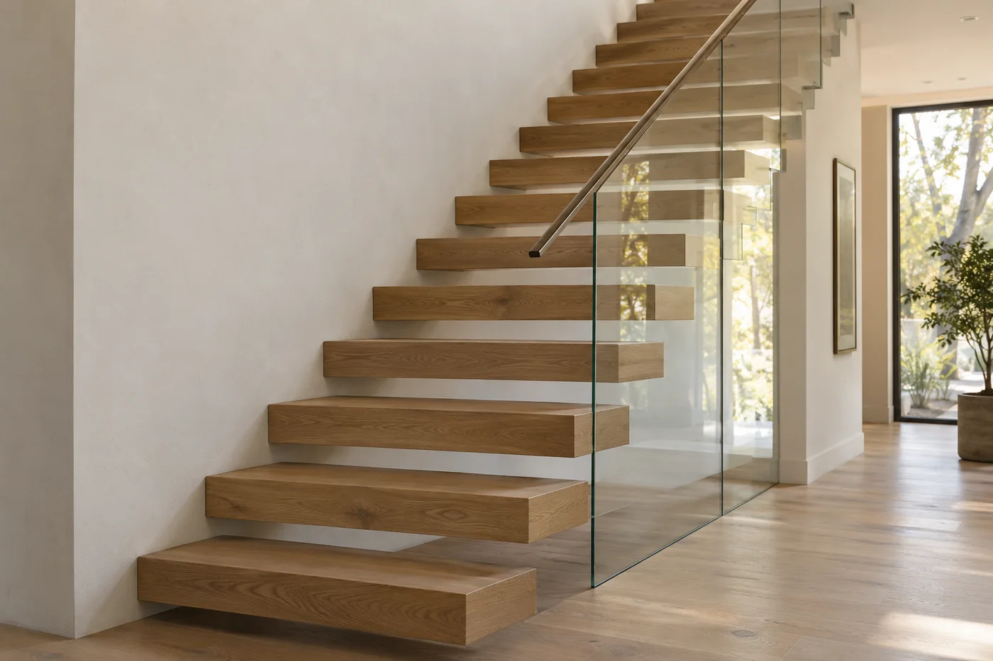Oak cantilever stair treads extending from a wall beside a glass guard
