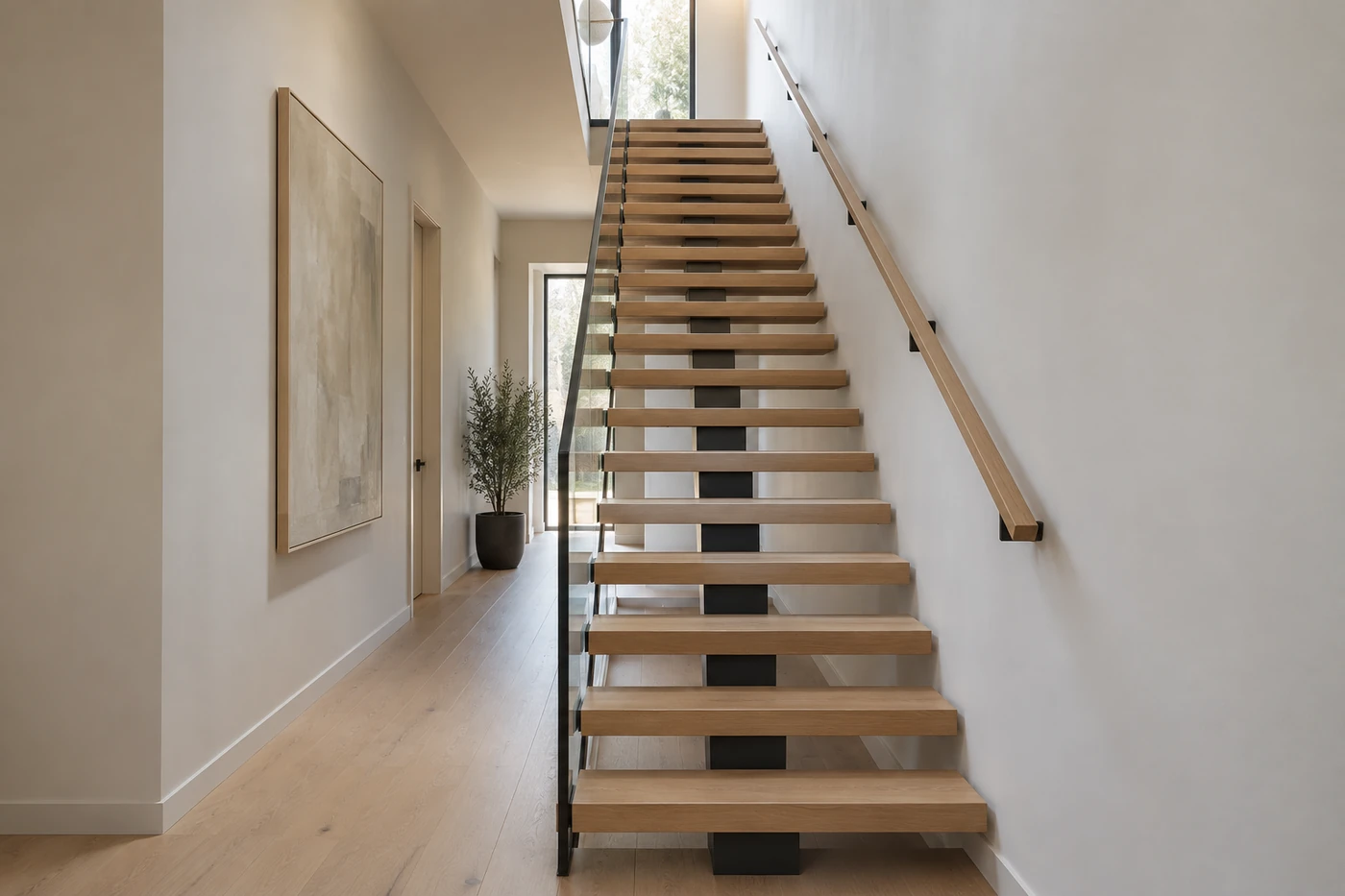 Central beam staircase with oak treads and a wall handrail in a narrow stairwell