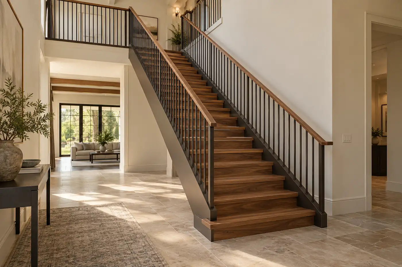 Wide walnut staircase framed by two dark side stringers and vertical balusters