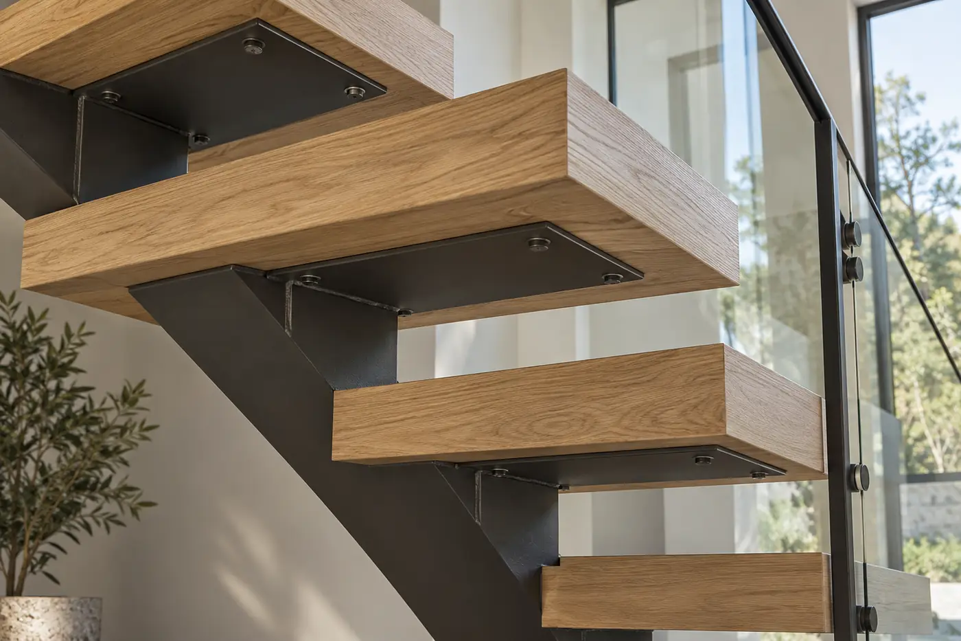 Close view of oak treads attached to steel support plates on a central beam