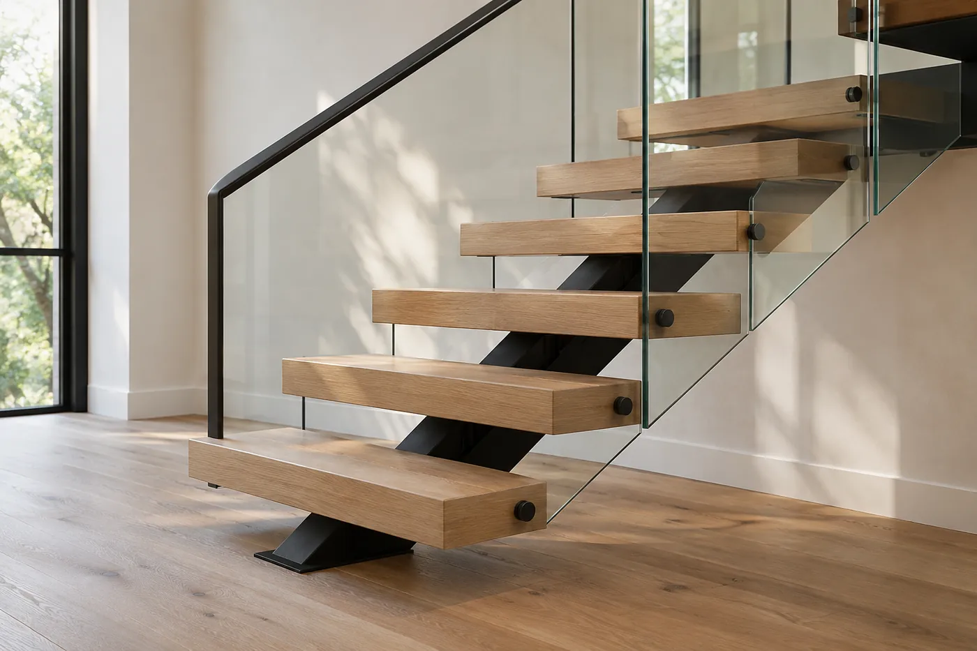 Glass railing connections beside oak treads on a central steel stair beam