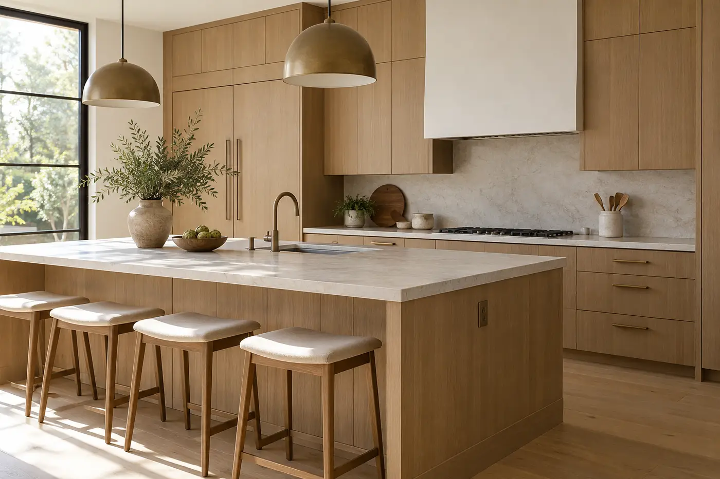 White oak kitchen cabinets with straight grain and a pale stone countertop