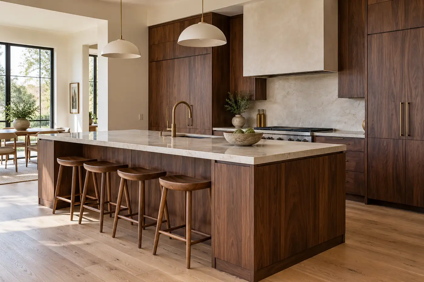 Chocolate brown walnut kitchen island with a light stone countertop