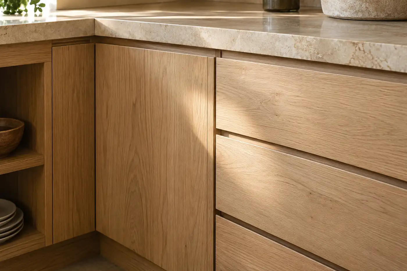 Close view of white oak cabinet fronts and natural grain beneath a stone countertop