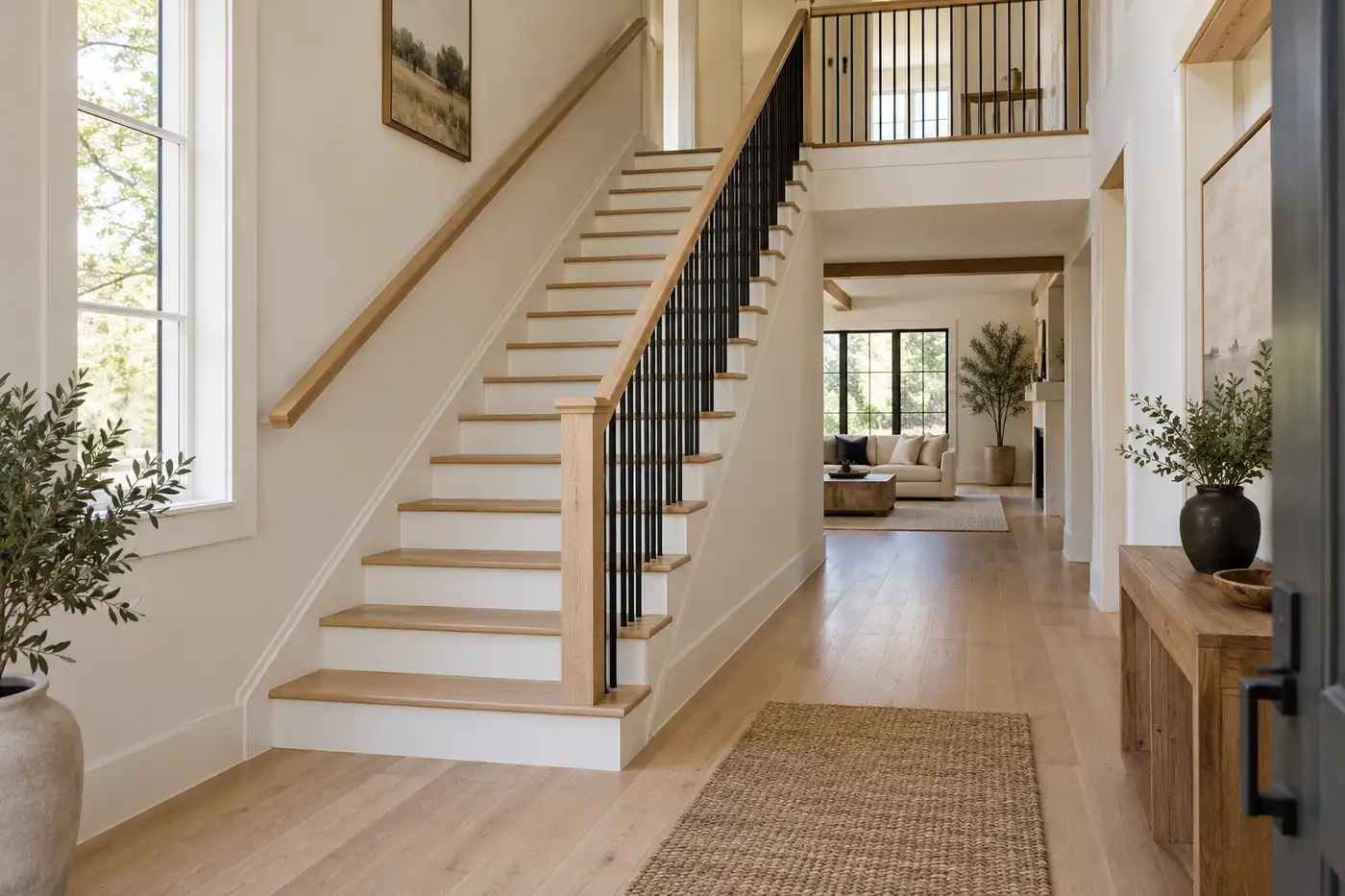 White oak stair treads and matching entry flooring with white risers and black balusters