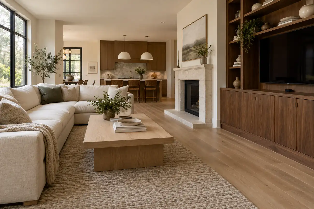 Walnut media cabinet paired with light white oak flooring in a warm contemporary living room