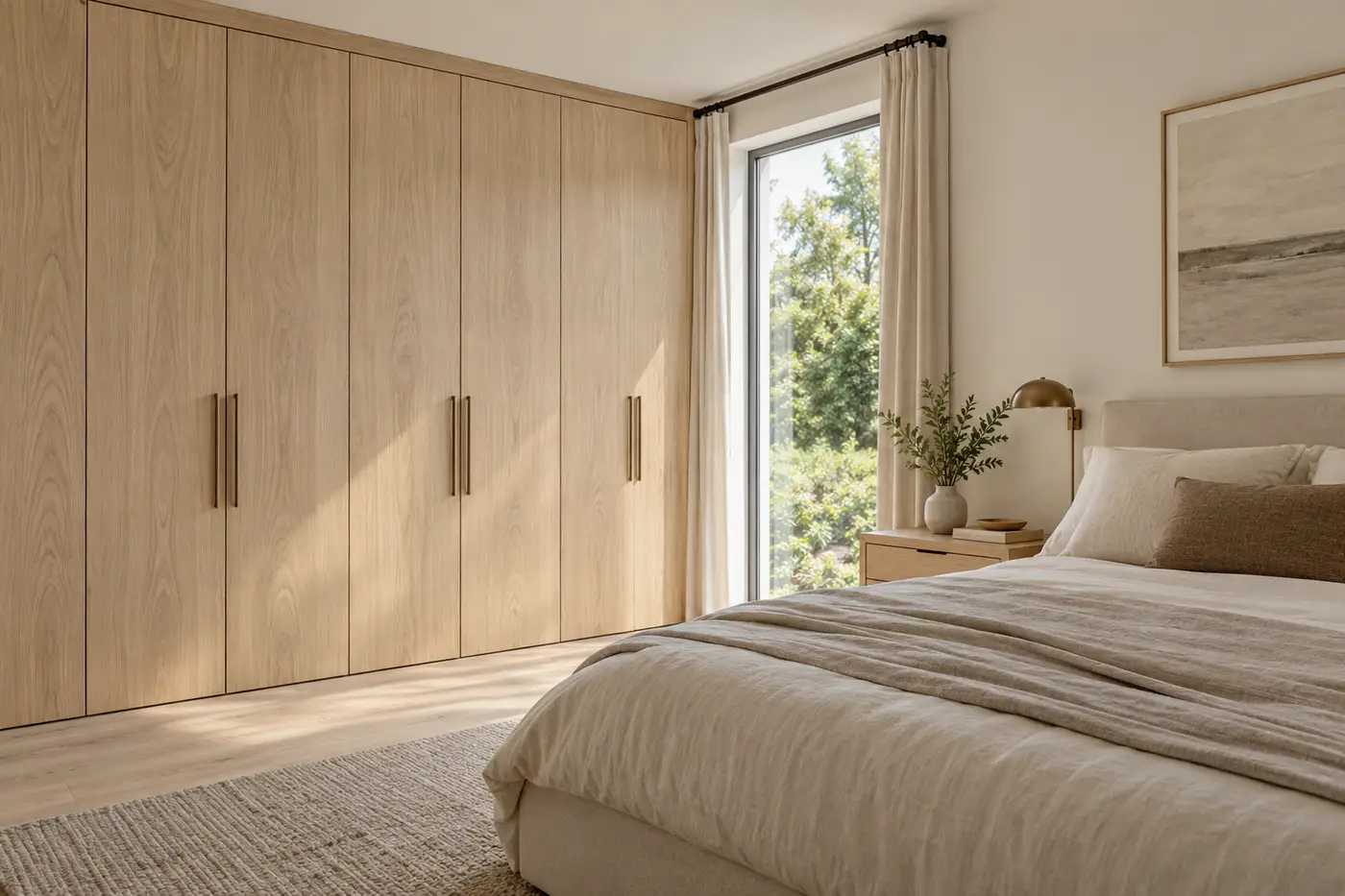 Pale ash wardrobe doors and bedside cabinetry in a Scandinavian bedroom