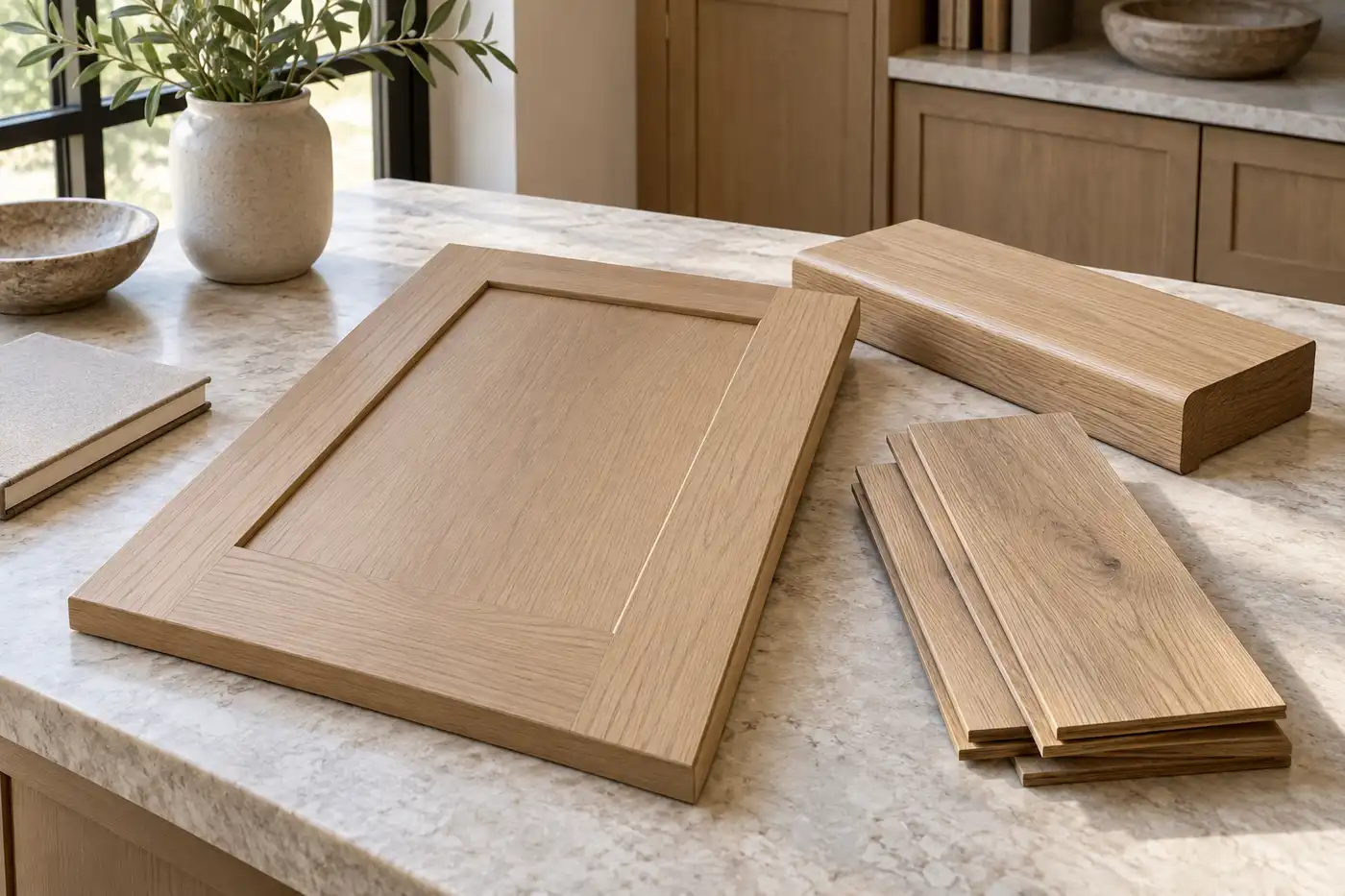 White oak cabinet door, flooring planks and stair tread samples arranged for finish approval