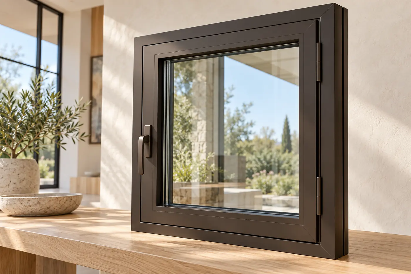 Finished bronze aluminum casement window showing the sash, handle and sealed glazing edge