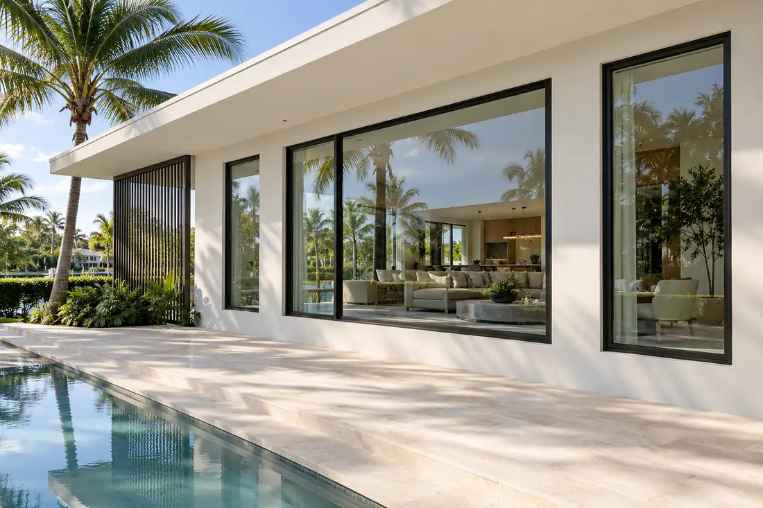 Shaded aluminum picture and casement windows on a white stucco home in a sunny coastal climate