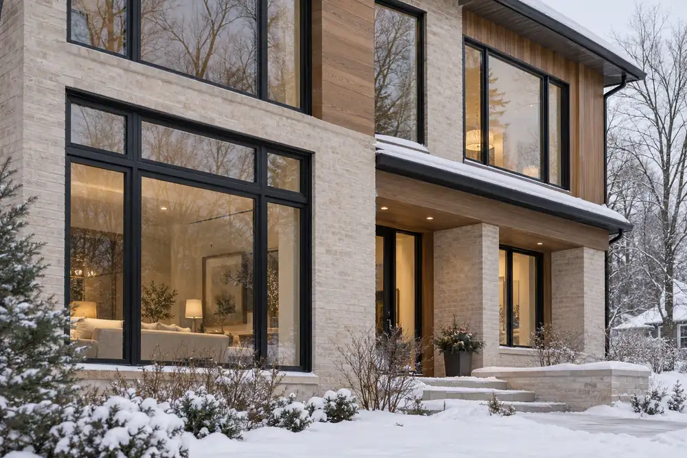 Large dark aluminum windows on a contemporary northern home surrounded by snow