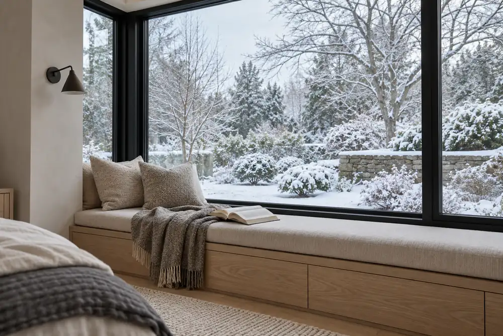 Comfortable upholstered window seat beside large aluminum windows overlooking a winter garden