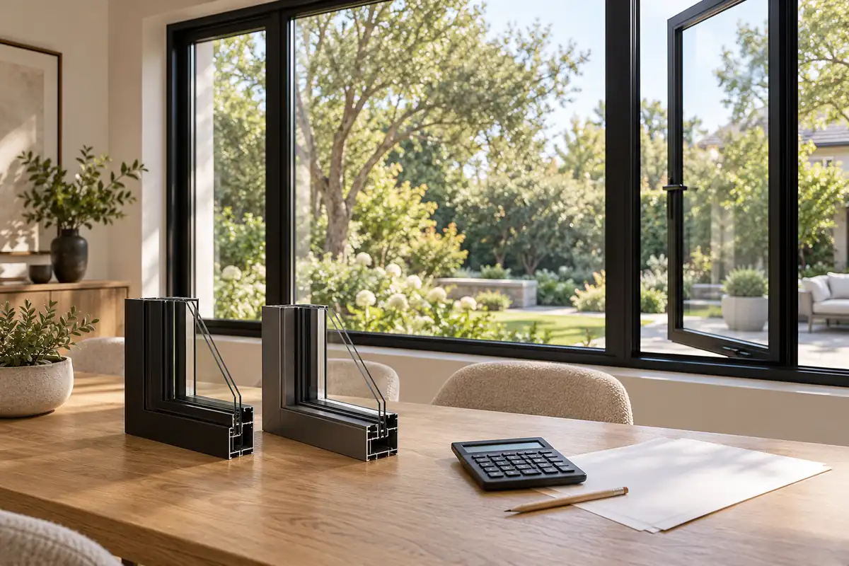 Glazing and aluminum frame samples beside a calculator in a residential window consultation setting