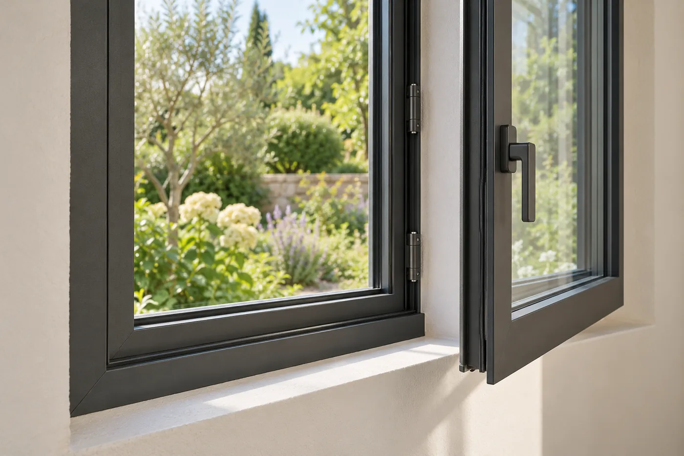 Close view of an installed aluminum casement window with its handle, hinge and weather seal