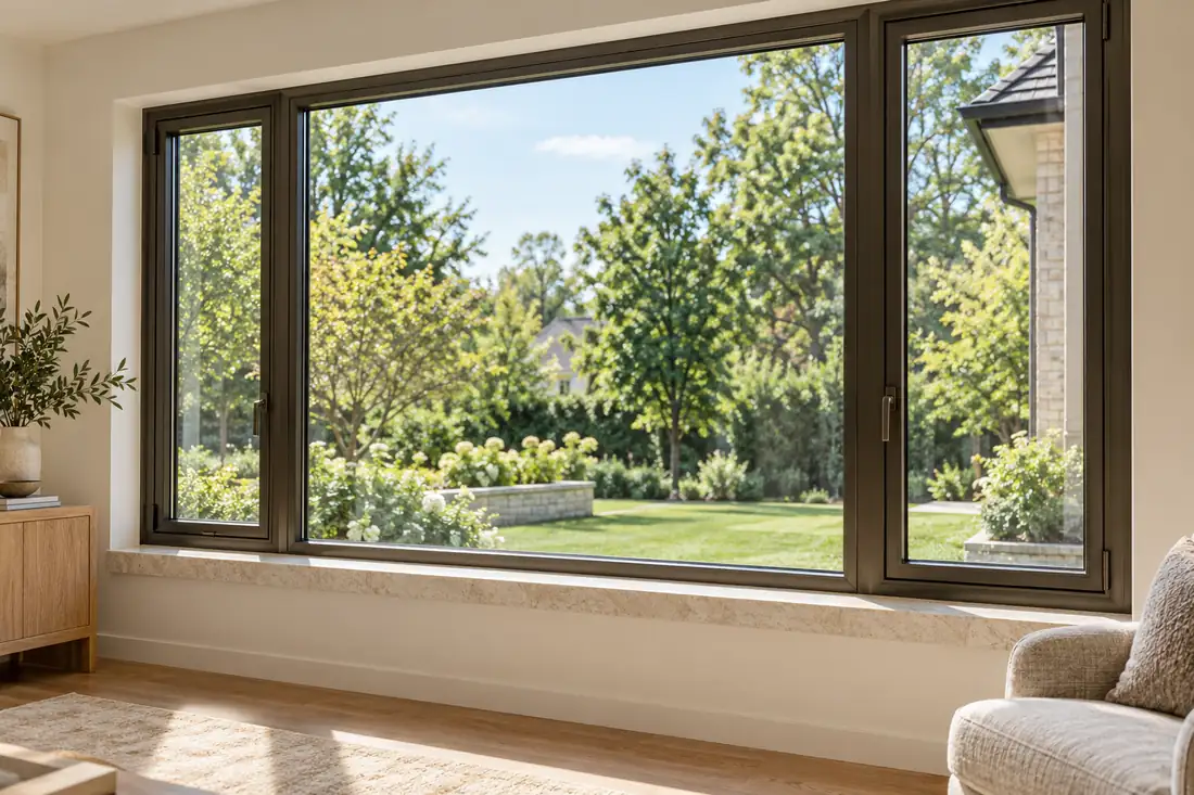 Bronze aluminum picture and casement window grouping with a stone sill in a new home
