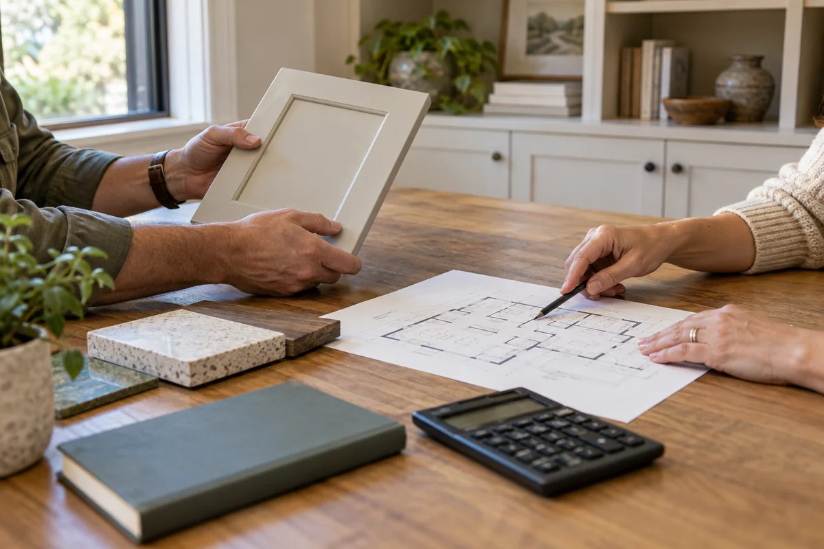 Homeowner and designer review floor plans and cabinet samples while planning a home customization budget