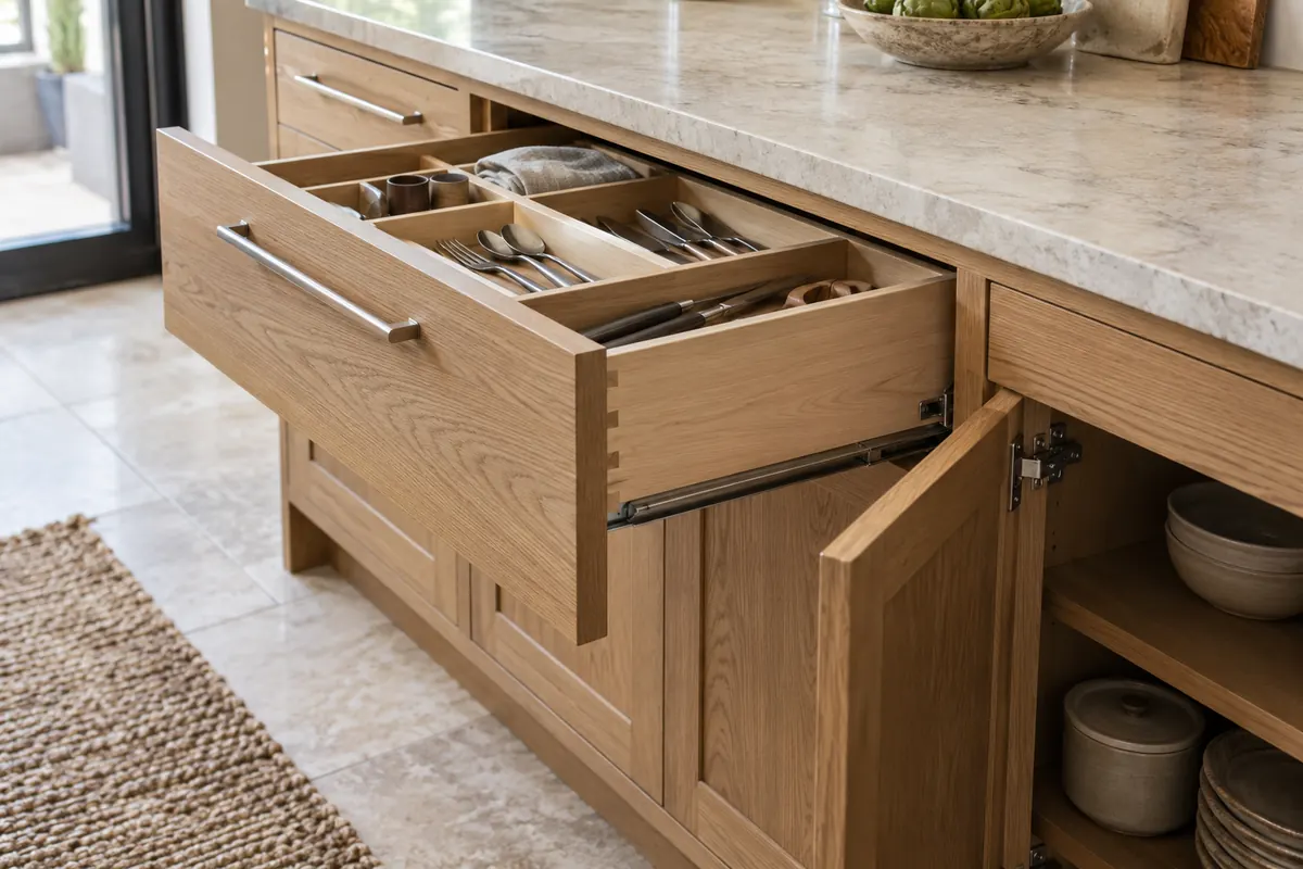 Open oak cabinet drawer showing an organizer, drawer slide and adjacent concealed hinge