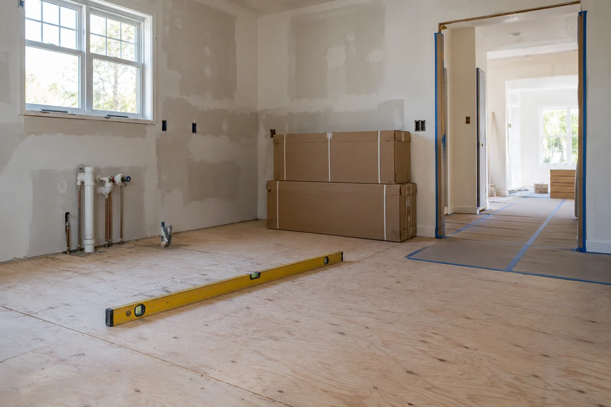Kitchen site with a plywood subfloor, level, protected doorway and boxed cabinets