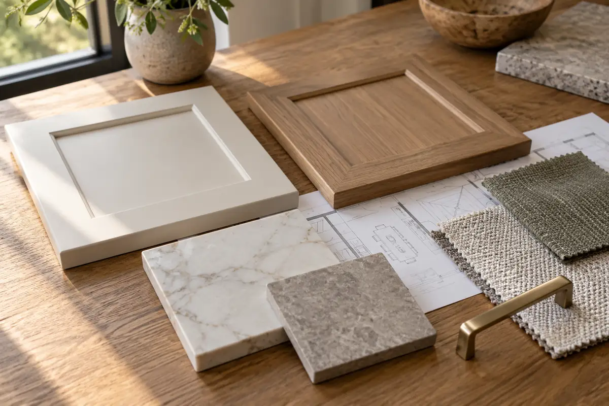 Cabinet door, stone, tile and fabric samples arranged for a whole-home material review