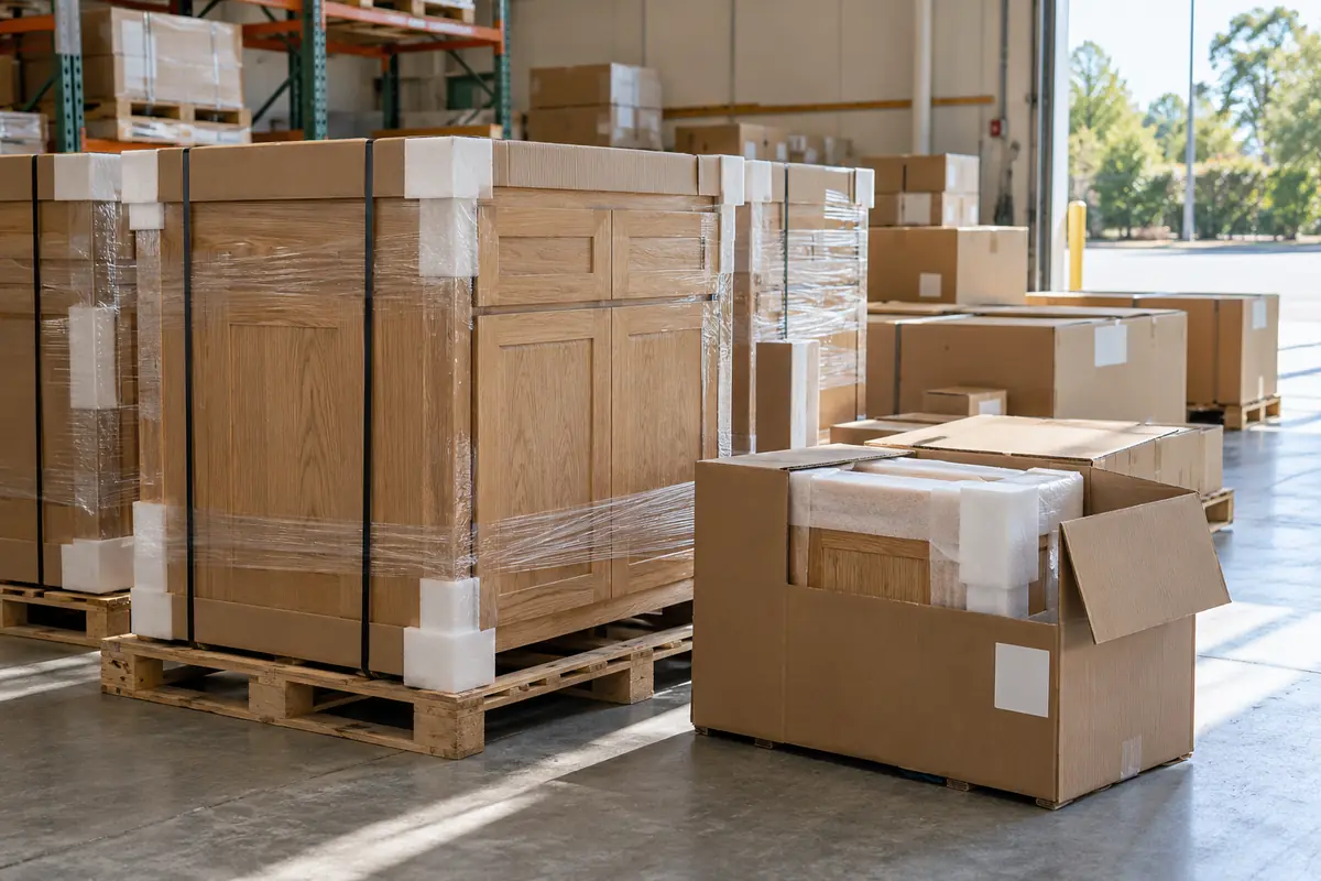 Oak cabinetry protected with foam, wrap and cartons before delivery