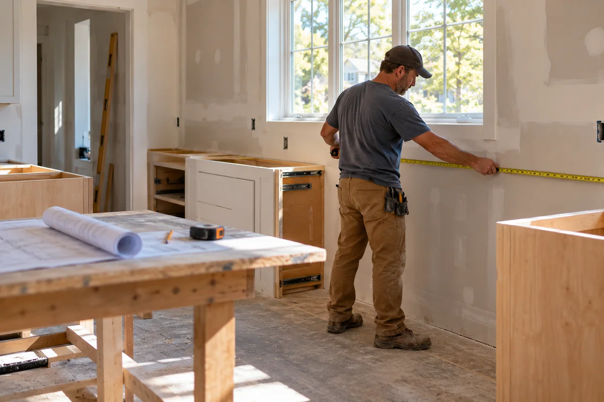 Carpenter checks a kitchen wall measurement beside unfinished cabinets