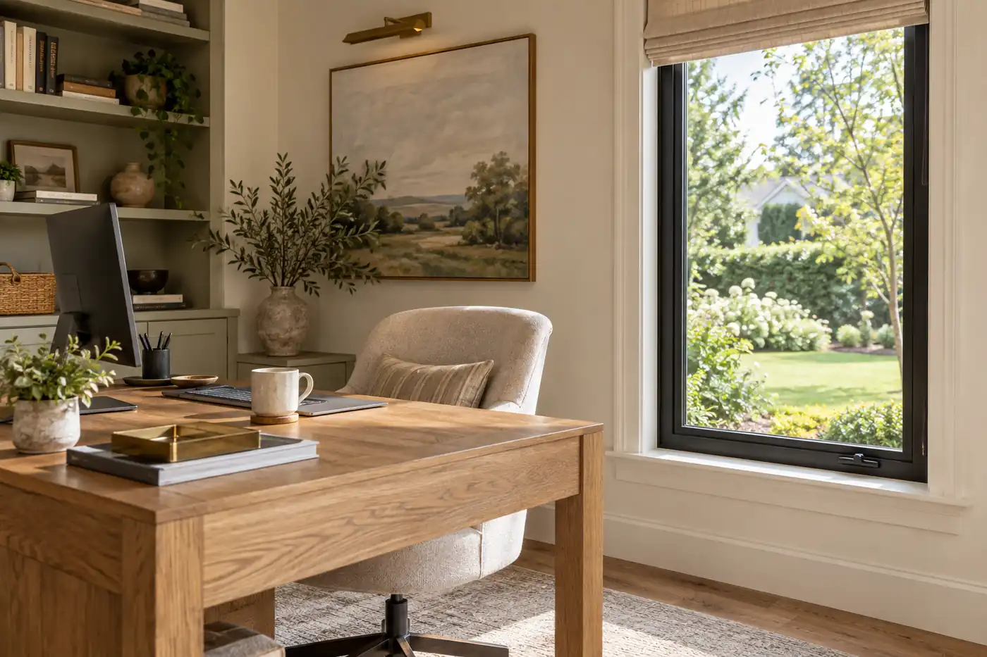Home office with a tall casement window beside an oak desk