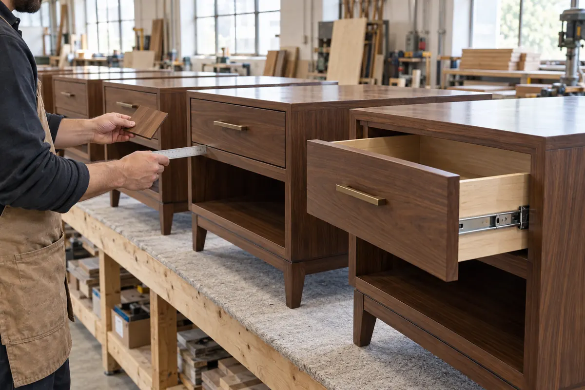 Inspector compares walnut nightstands with a ruler and finish sample