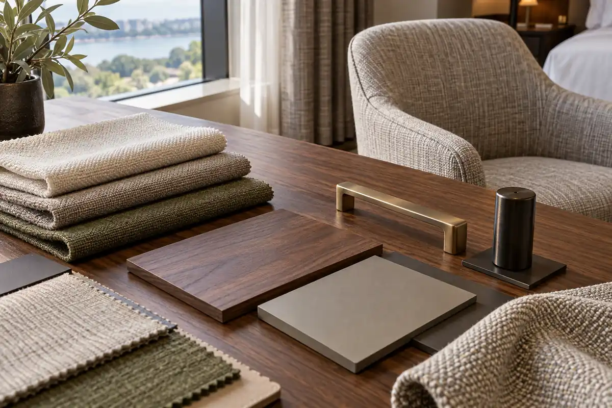 Upholstery swatches, walnut veneer, a laminate sample and furniture hardware