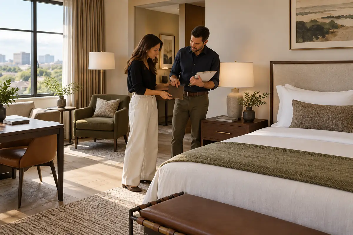 Design professionals reviewing a finish sample in a hotel guest room mock-up