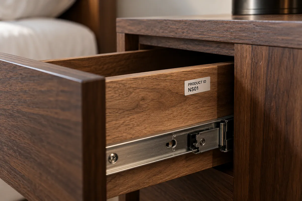 Illustrative NS01 product identification tag beside a hotel nightstand drawer slide
