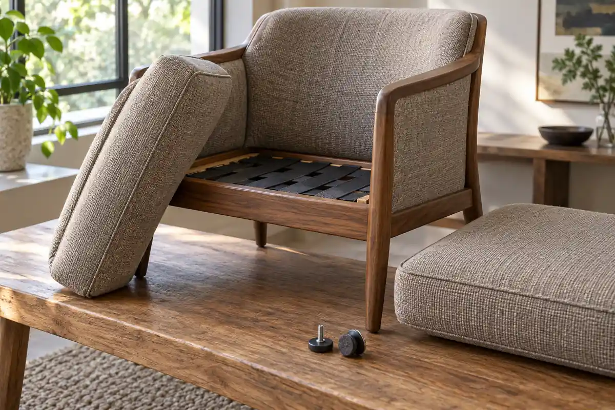 Hotel lounge chair with a removable cushion, spare cushion and replacement glides
