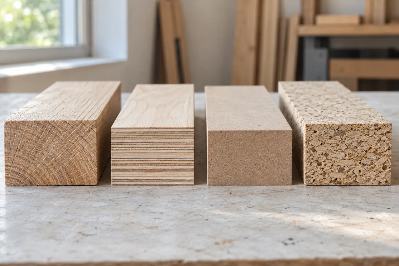 Illustrative solid wood, layered plywood, fine-textured MDF, and coarse particleboard samples arranged side by side