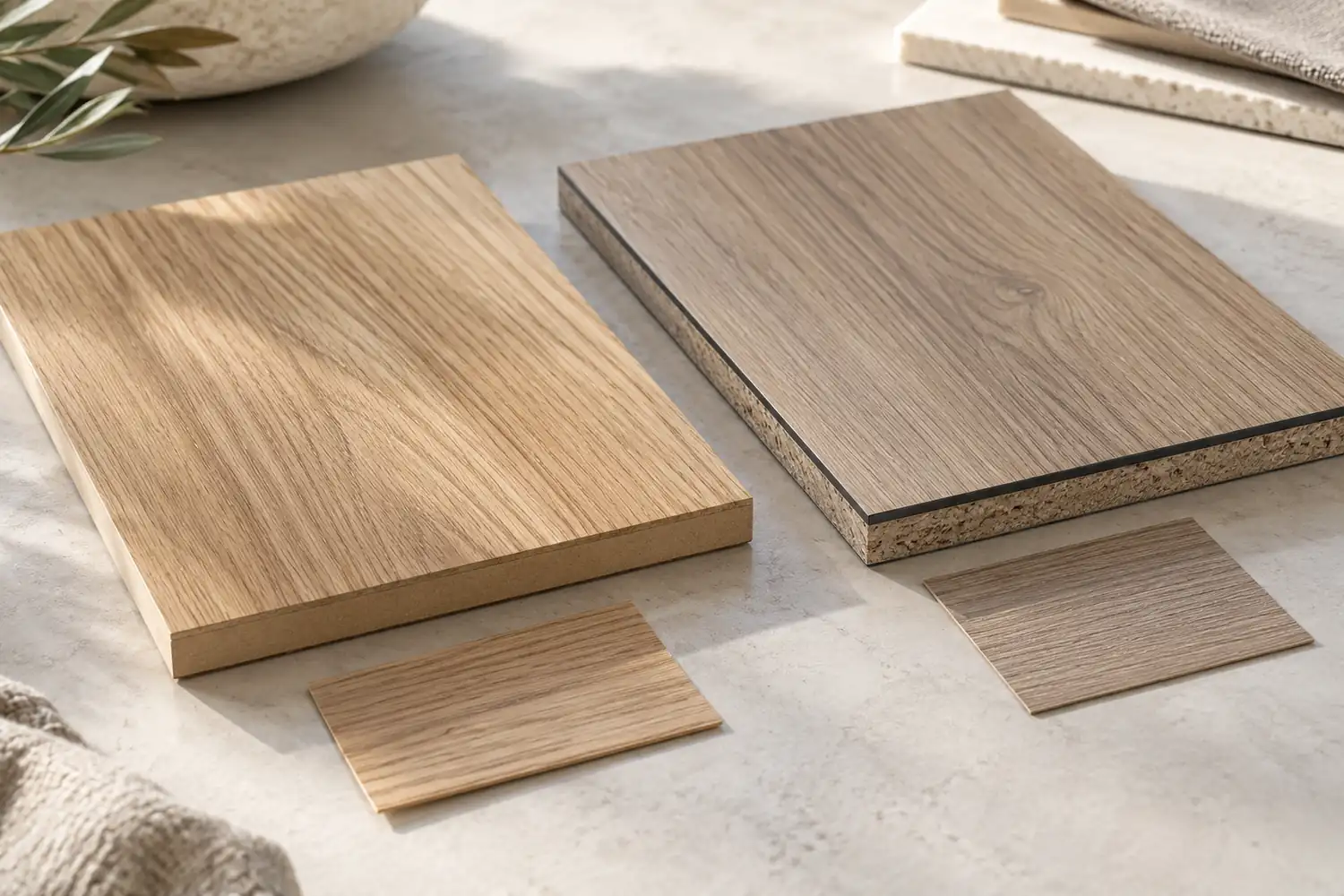 Illustrative natural wood veneer and wood-look laminate panels with exposed substrate edges and separate surface swatches