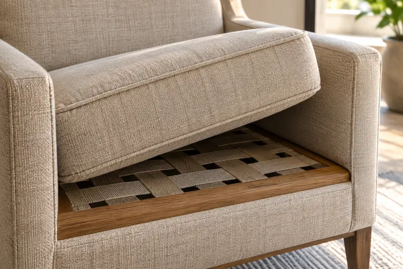 Illustrative lounge chair with raised seat cushion showing stitched upholstery, wooden frame, and woven support webbing