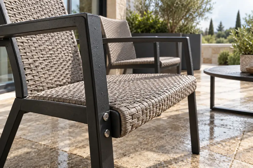 Illustrative woven terrace chair with dark metal frame, visible connection bolts, and water droplets in daylight