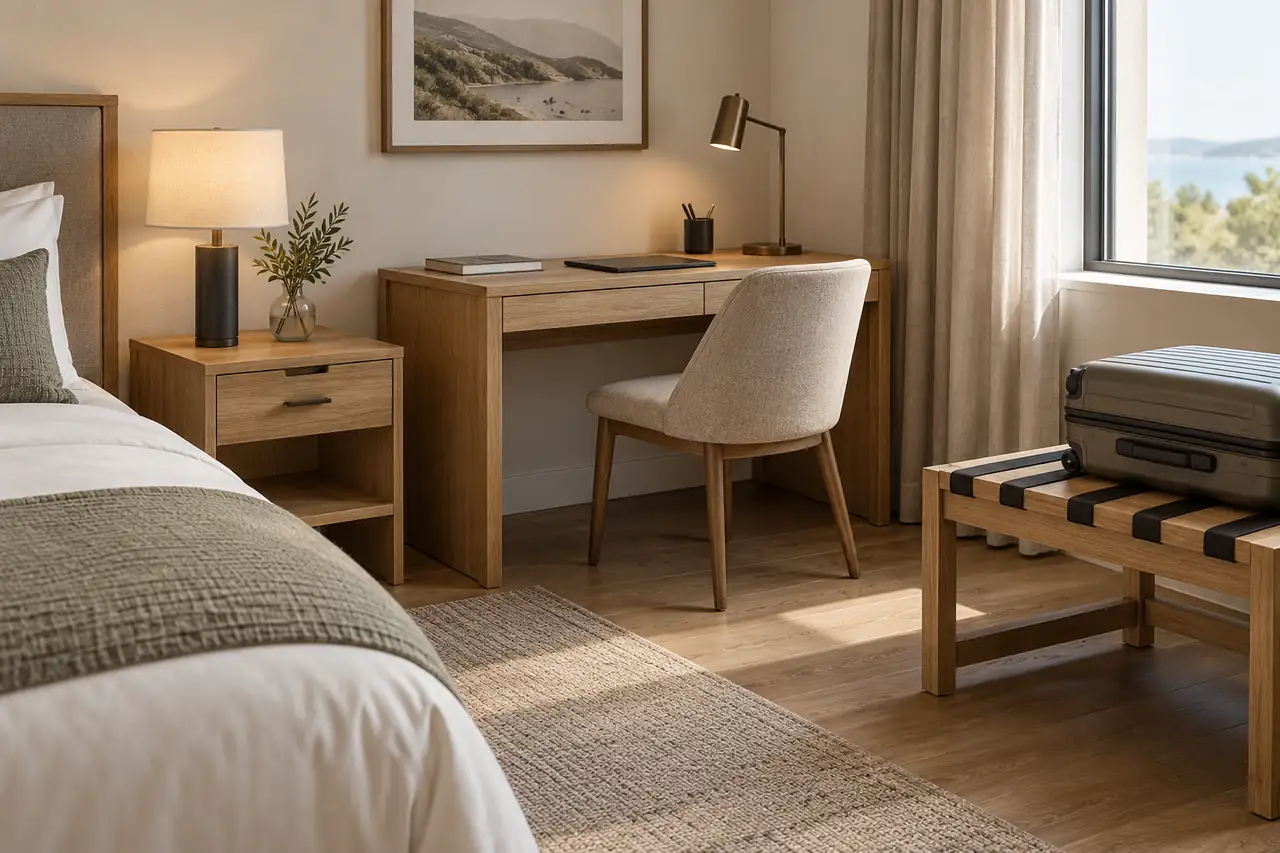 Hotel room illustration showing a desk, bedside cabinet, and strapped luggage bench holding a suitcase