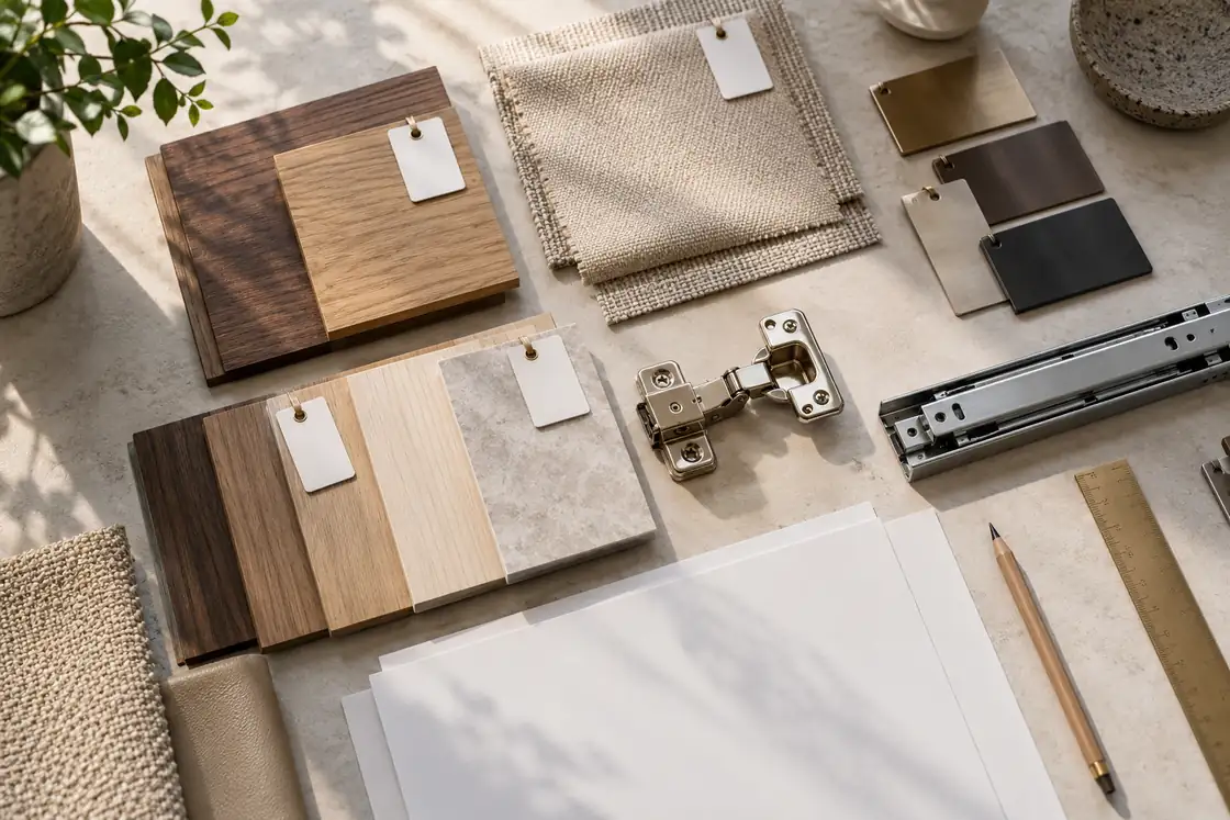 Illustrative finish review table with wood and fabric swatches, metal samples, hinge, drawer slide, and blank sample tags