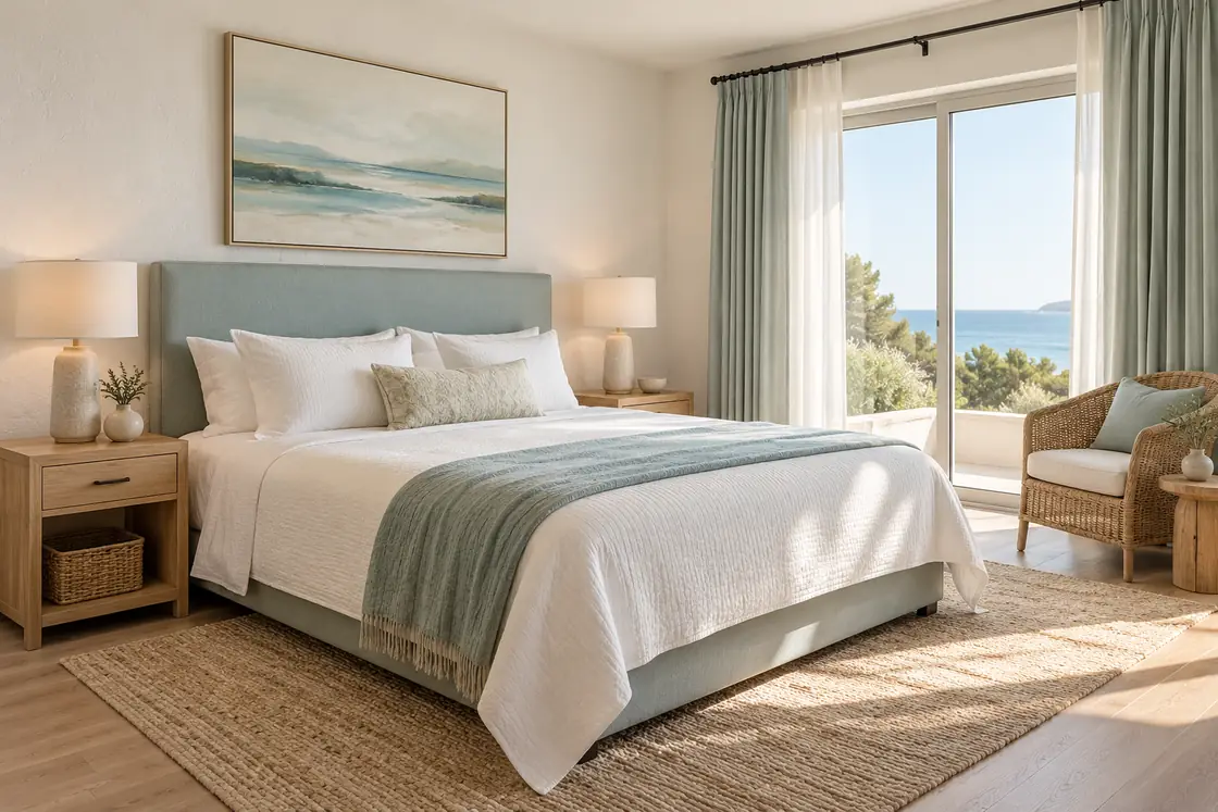 Coastal hotel bedroom with blue-green upholstery, oak bedside tables, and a woven chair in daylight