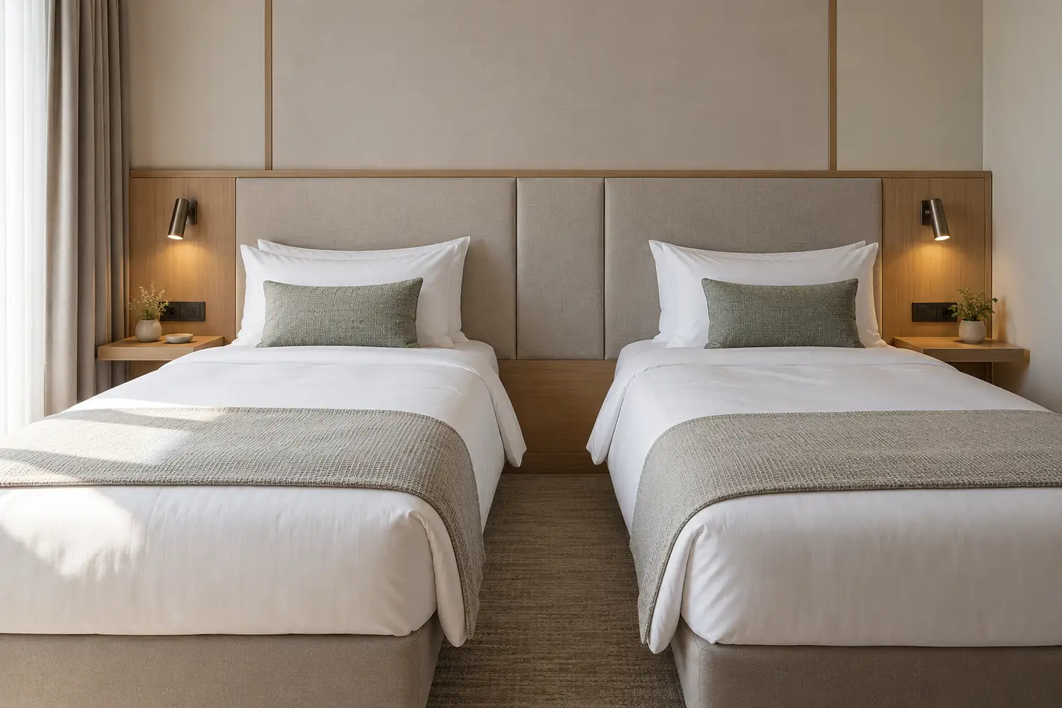 Twin hotel beds with separate bedside shelves, reading lamps, and charging outlets