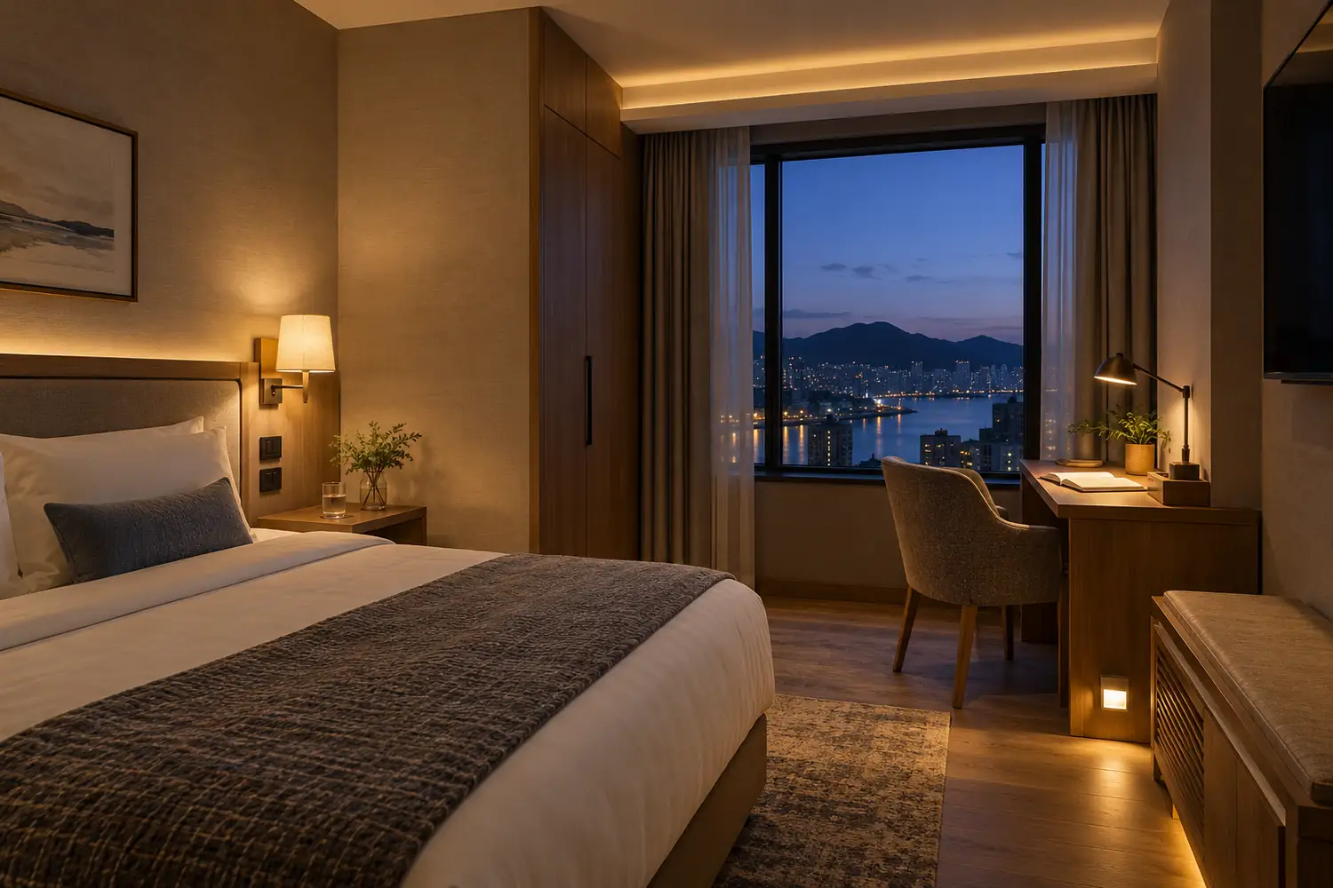 Single-occupancy hotel room at dusk with bedside, desk, ceiling, and low-level lighting