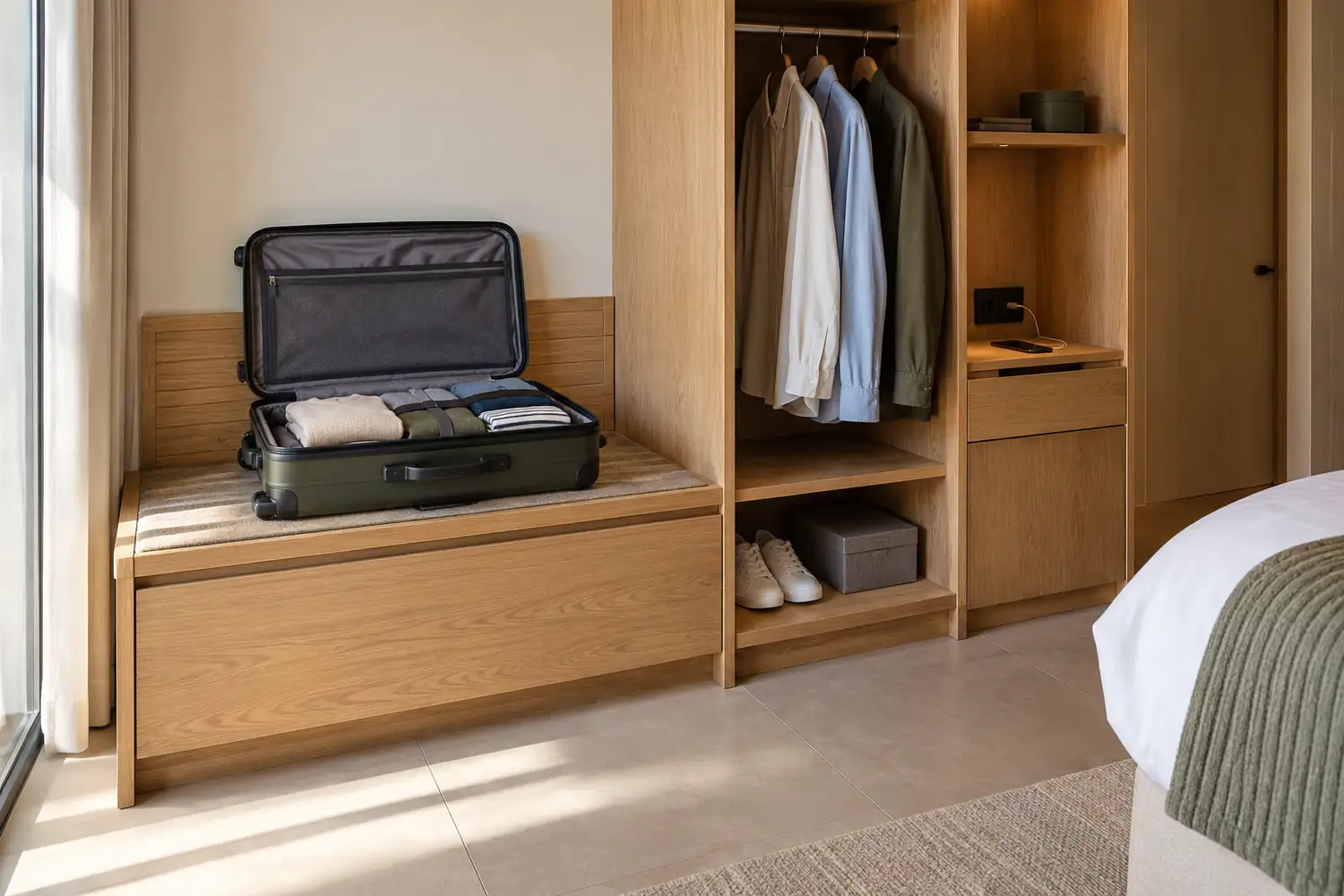 Open suitcase on an oak luggage bench beside a wardrobe and phone charging shelf
