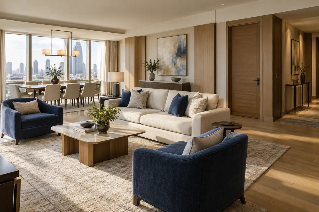Hotel suite living and dining areas with cream and navy seating and a closed door to private rooms