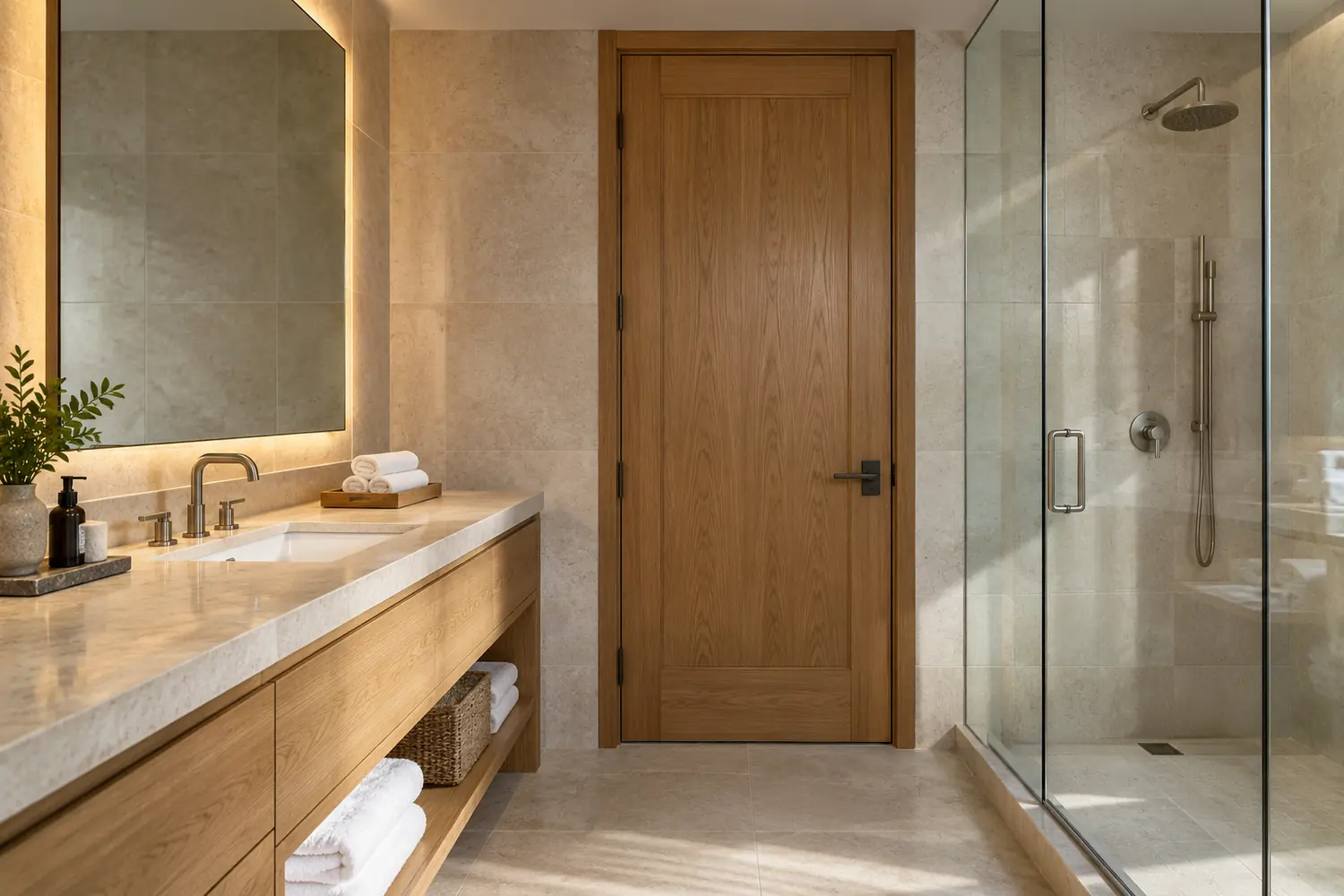 Hotel bathroom with oak vanity, stone finishes, enclosed shower, and a solid privacy door