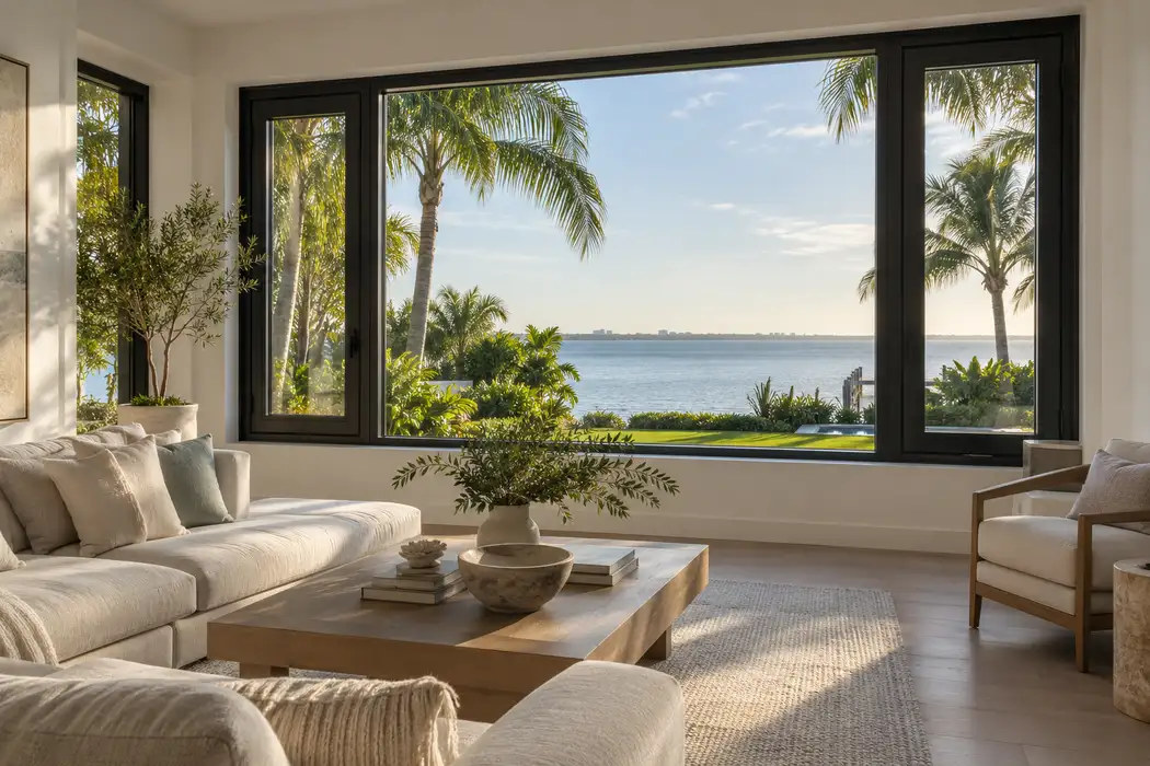 Bright coastal living room with large black aluminum picture windows overlooking palms