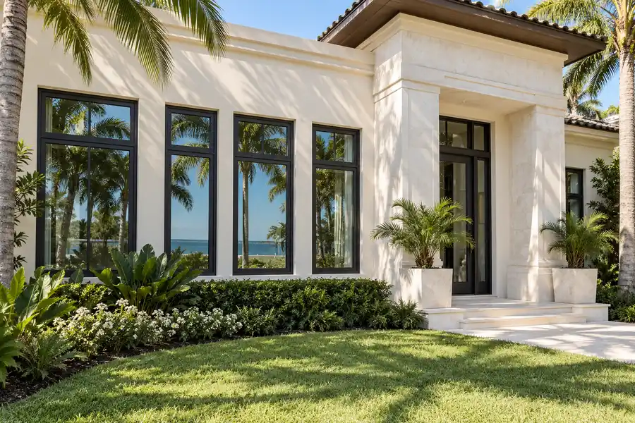 Modern Florida residence with black aluminum window frames and tropical landscaping