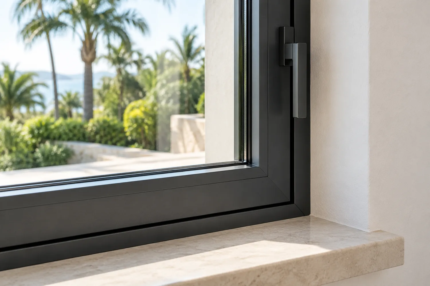 Close-up of a black aluminum window frame, glazing and handle in natural light