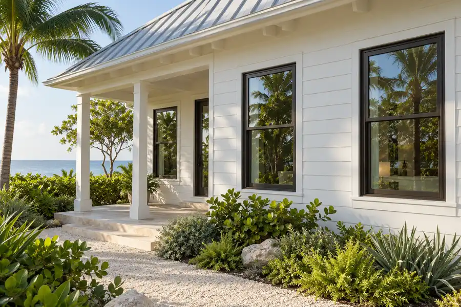 Florida Keys style elevated coastal home with aluminum windows and shaded porch