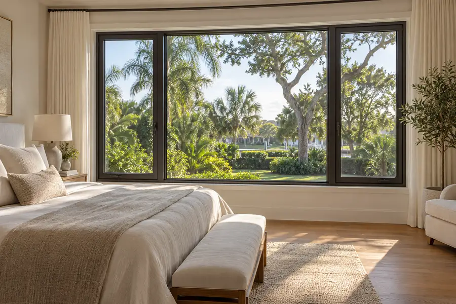 Coastal bedroom with black aluminum casement windows and soft daylight