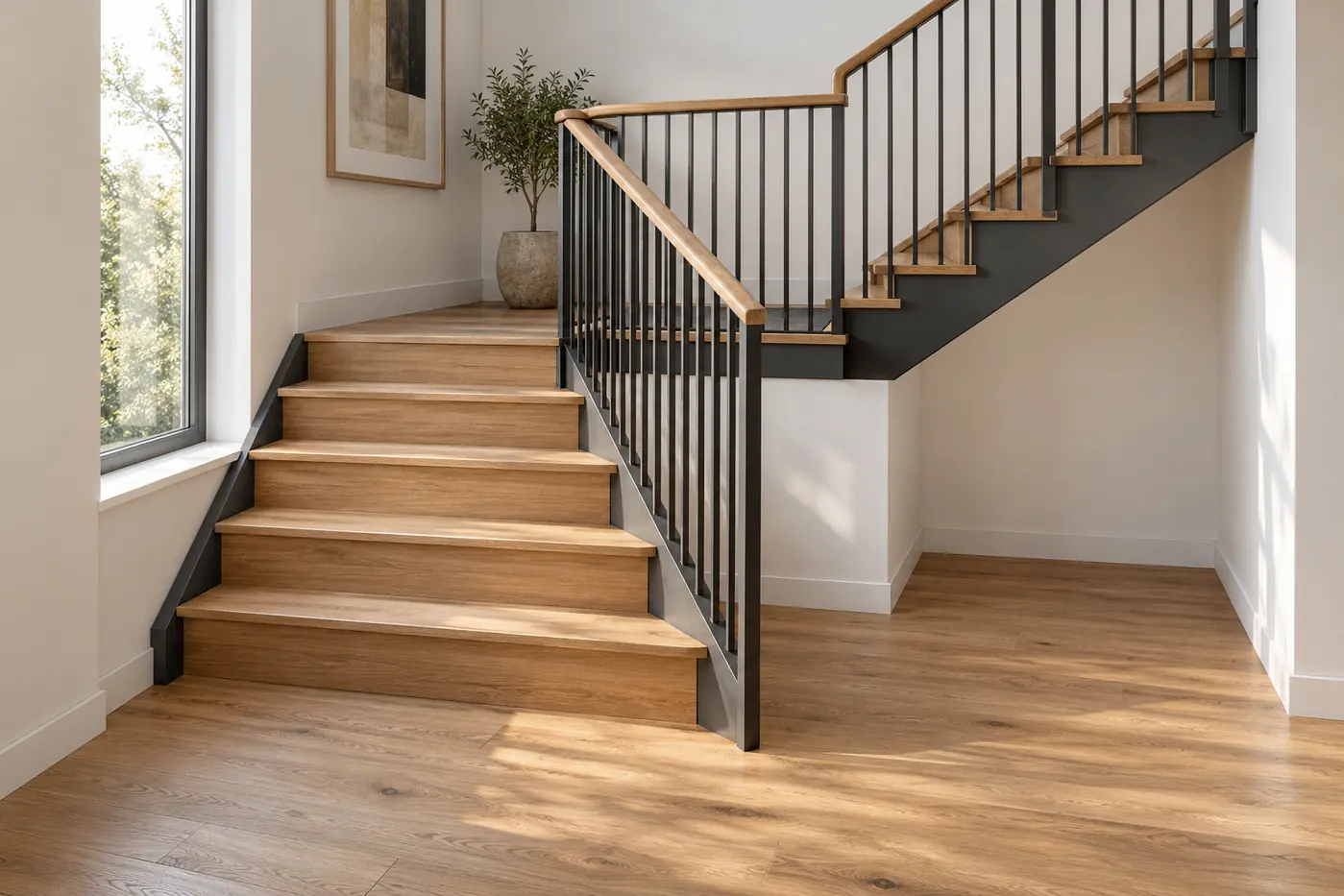 Turning oak staircase showing the relationship between stair flights, landing and surrounding walls